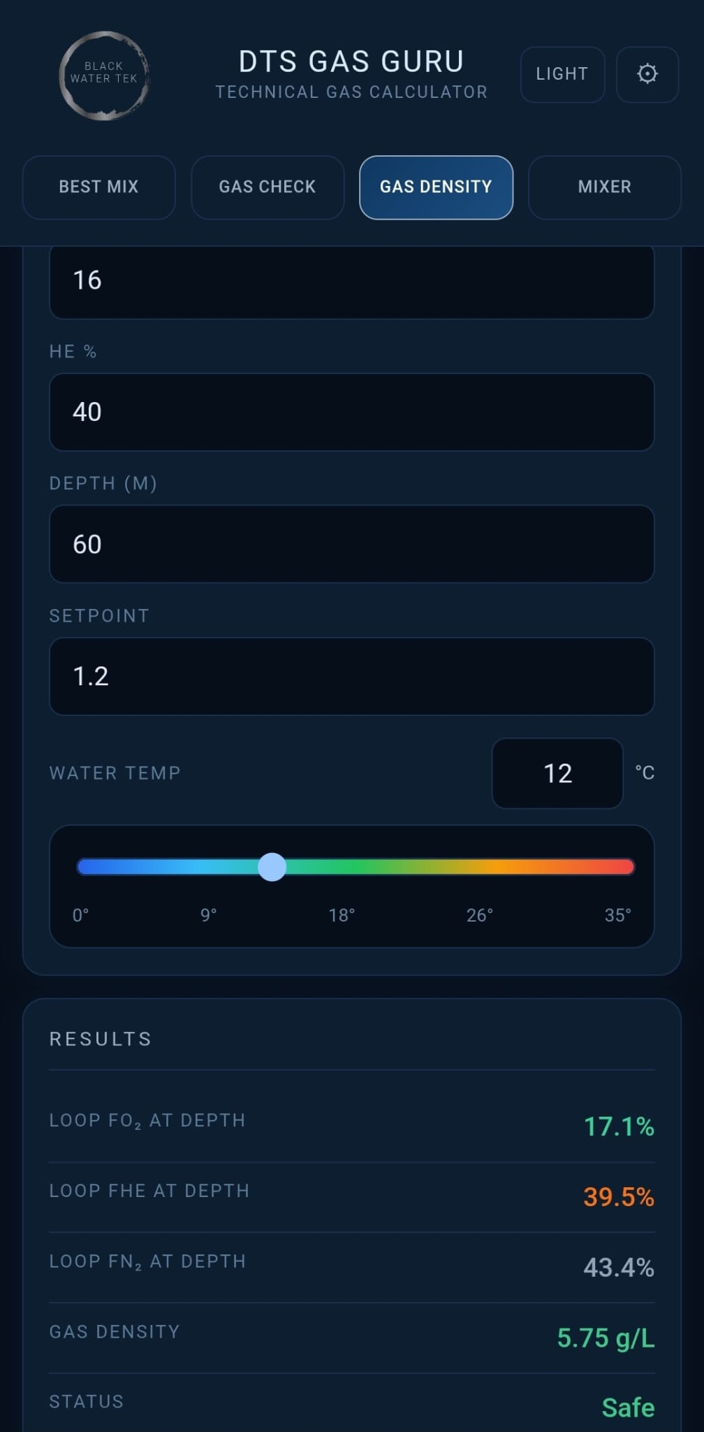 DTS Gas Guru Gas technical diving gas planning tool Density screen in CCR mode showing loop gas density for a 16/40 diluent at 60m with 1.2 setpoint and 12°C water temperature — result 5.75 g/L, status Safe